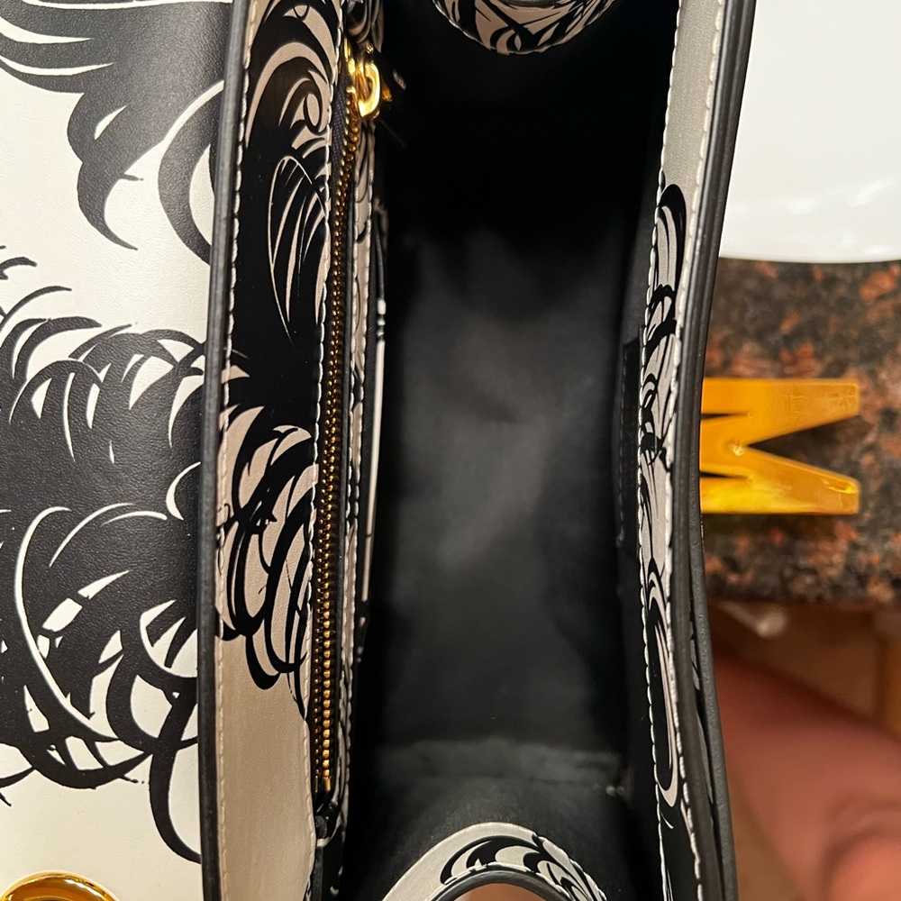 MOSCHINO M FEATHER PRINT LEATHER SHOULDER BAG IN WHITE